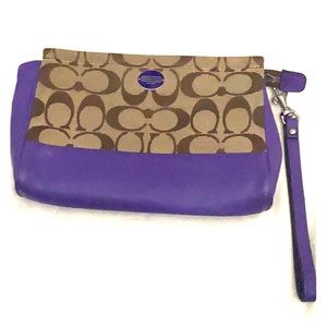 Tan and purple Coach large wristlet